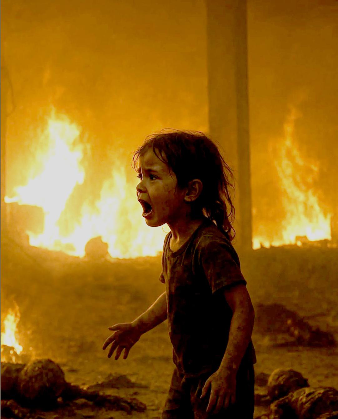 (الصورة): الطفلة الفلسطينية ورد الشيخ خليل تبحث عن أهلها وسط النيران والجثث المتفحمة بعد قصف الجيش الاسرائيلي لمدرسة كانت تؤويهم ليلاً في 26 مايو في غزة. من حساب عبدالرحمن ابوكرش على انستغرام.